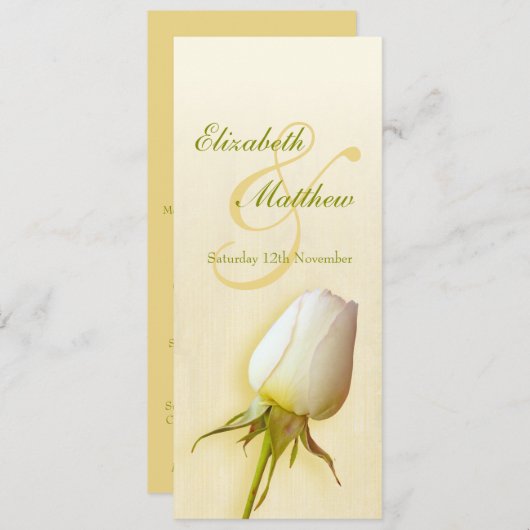 Huwelijksreceptie dinermenu met witte roos knop kaart (Voorkant / Achterkant)