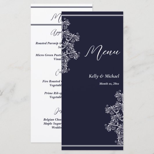 Huwelijksreceptie Marine en Wit Elegant Menu (Voorkant / Achterkant)