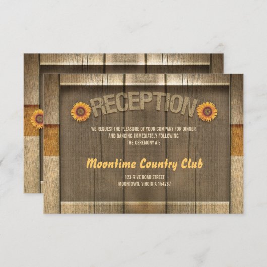 huwelijksreceptie ontwerp met hout en zonnebloemen informatiekaartje (Voorkant / Achterkant)