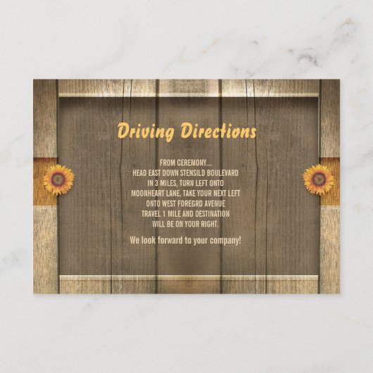huwelijksreceptie ontwerp met hout en zonnebloemen informatiekaartje (Achterkant)