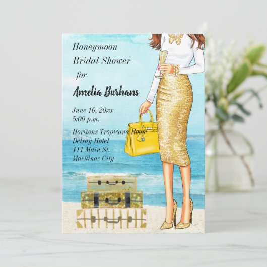 Huwelijksreis bruids douche uitnodiging Tropisch (Staand voorkant)