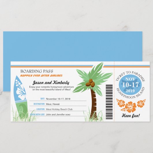 Huwelijksreis Cadeau Instapkaart Palmboom Surfplan Kaart (Voorkant / Achterkant)