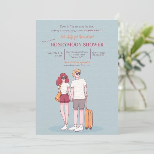 Huwelijksreis Douche Blauwe Uitnodiging (Staand voorkant)