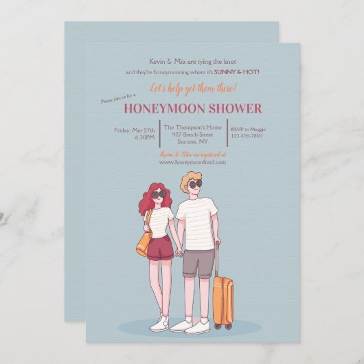 Huwelijksreis Douche Blauwe Uitnodiging (Voorkant / Achterkant)