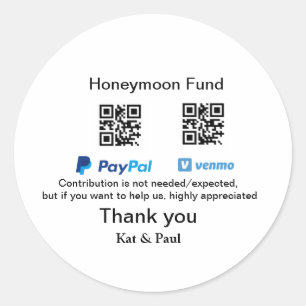 Huwelijksreis Fonds PayPal Venmo QR code bedankt Ronde Sticker