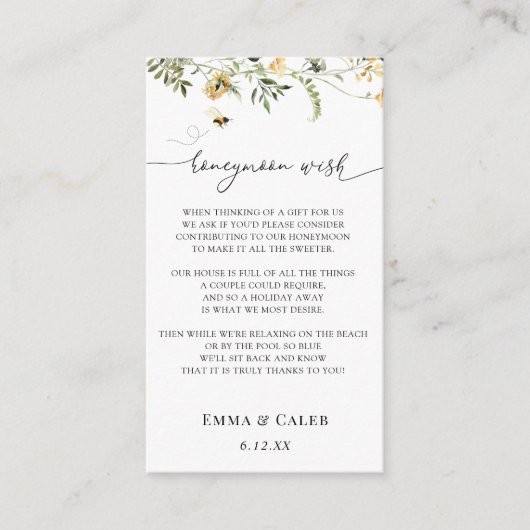 Huwelijksreiswens met Bij en Gele Wilde Bloem Informatiekaartje (Voorkant)