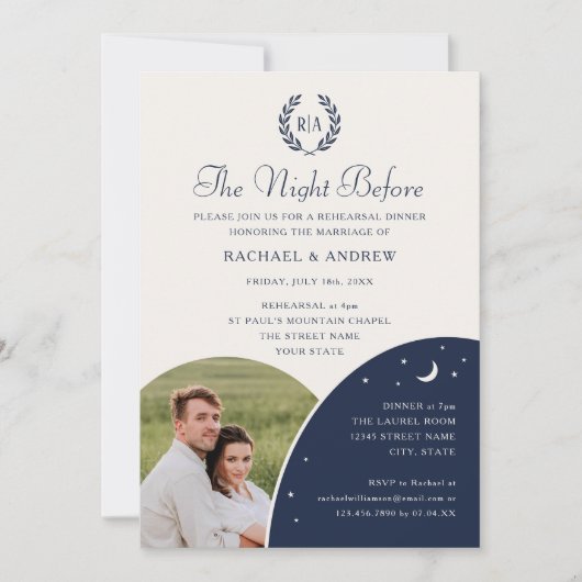 Huwelijksrepetitie Diner Monogram Foto Marine Blau Kaart (Voorkant)