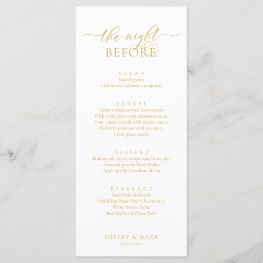 Huwelijksrepetitie diner, romantisch geel goud menu (Voorkant)