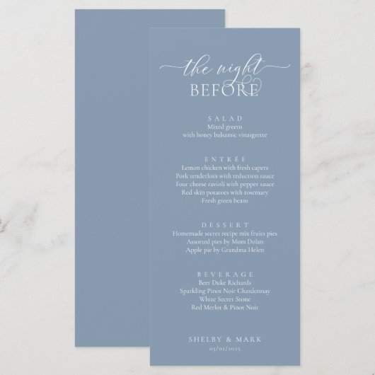 Huwelijksrepetitie diner, romantisch stoffig blauw menu (Voorkant / Achterkant)