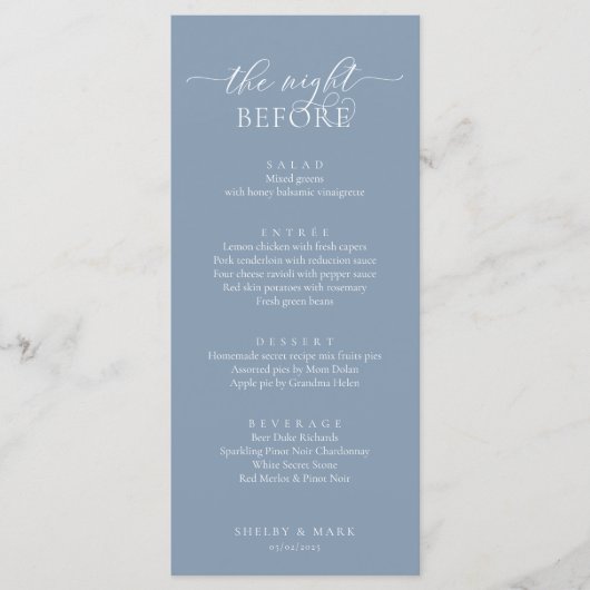 Huwelijksrepetitie diner, romantisch stoffig blauw menu (Voorkant)