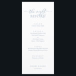 Huwelijksrepetitie diner, romantisch stoffig blauw menu<br><div class="desc">Trouwrepetitie Diner,  Romantisch Dusty Blue De avond voor het menu. Eenvoudig aan te passen en aan te passen aan uw behoeften,  en uw dinergasten zullen blij zijn als ze deze perfecte en stijlvolle dinerkaart zien.</div>