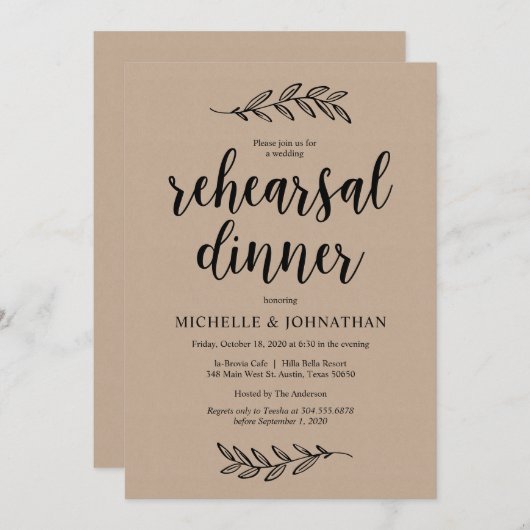 Huwelijksrepetitie Diner, Rustiek Boerderij Bruin Kaart (Voorkant / Achterkant)