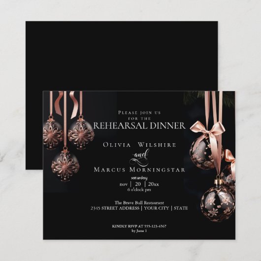 HUWELIJKSREPETITIE | Winter roze en Onyx Baubles Kaart (Voorkant / Achterkant)