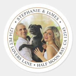 Huwelijksretouradreslabel met eigen foto ronde sticker
