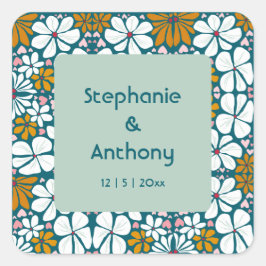 Huwelijksretro bloemen Groovy jaren 70 Boho Vierkante Sticker
