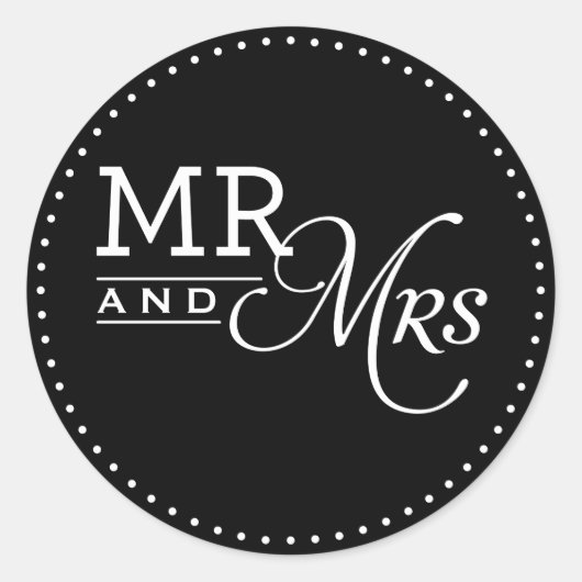 HUWELIJKSSTICKERS mr & mrs moderne typografie zwar Ronde Sticker (Voorkant)