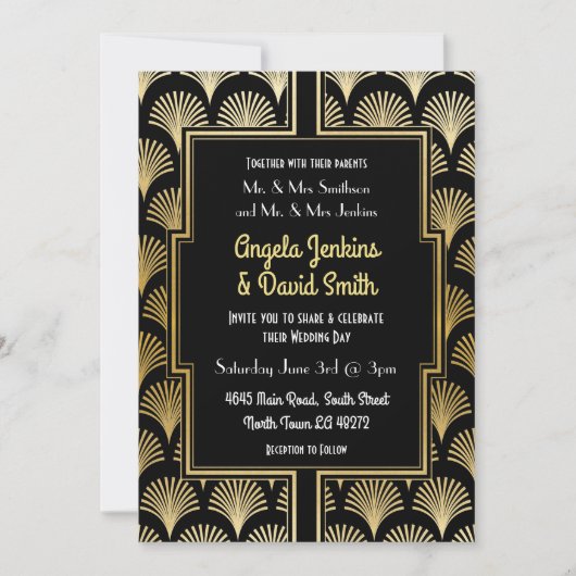 Huwelijksuitnodiging 1920's Black Gold Art Deco Fa Kaart (Voorkant)