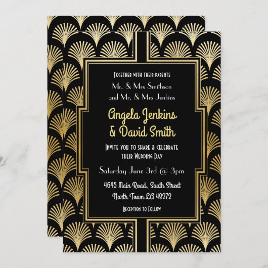 Huwelijksuitnodiging 1920's Black Gold Art Deco Fa Kaart (Voorkant / Achterkant)