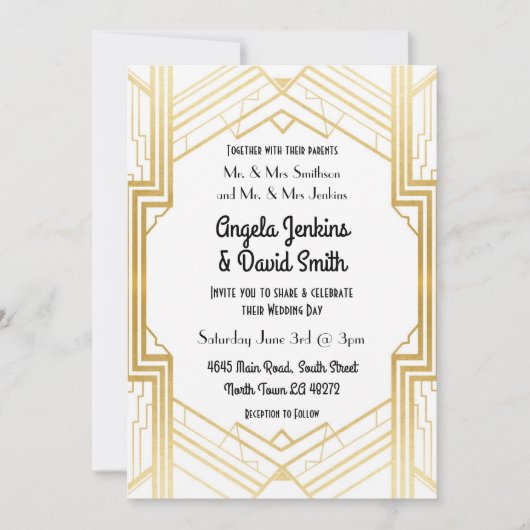 Huwelijksuitnodiging 1920's White & Gold Art Deco Kaart (Voorkant)