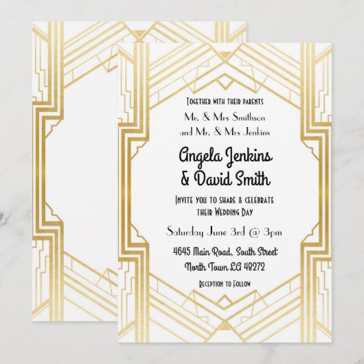 Huwelijksuitnodiging 1920's White & Gold Art Deco Kaart (Voorkant / Achterkant)