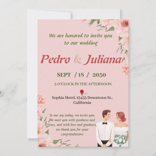 Huwelijksuitnodiging afgedrukt met eenvoudige roze kaart (Voorkant)