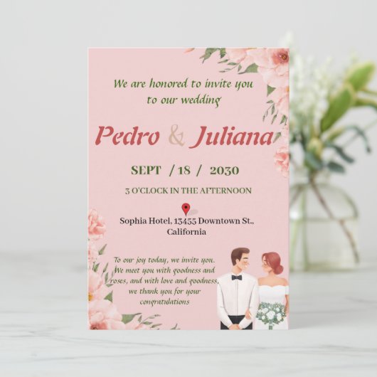 Huwelijksuitnodiging afgedrukt met eenvoudige roze kaart (Staand voorkant)