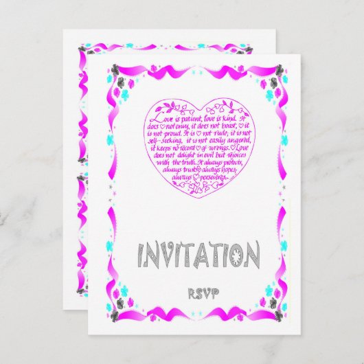 Huwelijksuitnodiging - Bijbelvers, roze hart Uitnodiging Briefkaart (Voorkant / Achterkant)