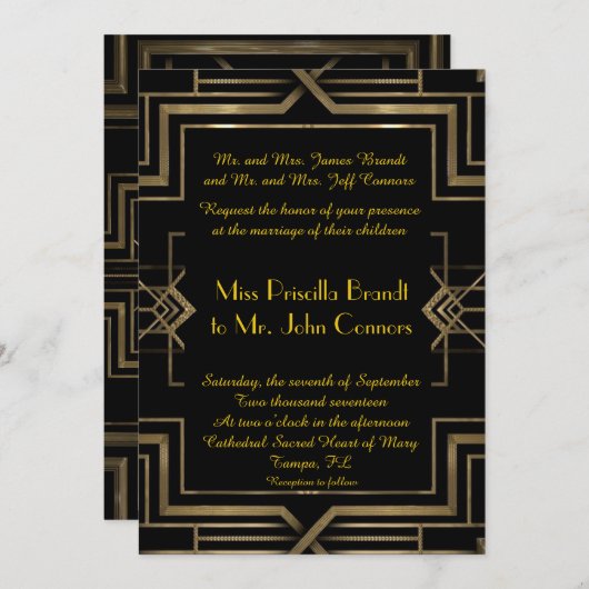 Huwelijksuitnodiging black&gold, great-Gatsby, scr Kaart (Voorkant / Achterkant)