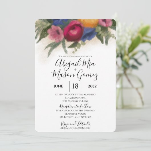 Huwelijksuitnodiging Blauw en Donkerroze Kaart (Staand voorkant)