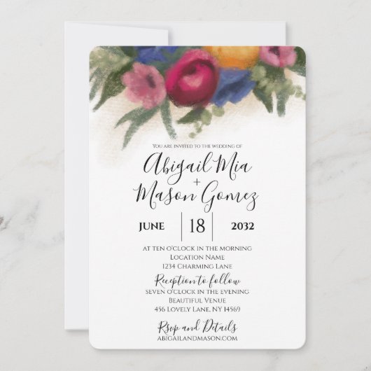 Huwelijksuitnodiging Blauw en Donkerroze Kaart (Voorkant)