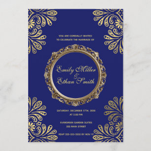 Huwelijksuitnodiging Blauw Goud Abstract Bloemen Kaart