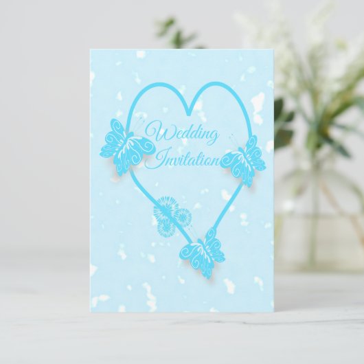 Huwelijksuitnodiging Blauw Hart en Vlinders Kaart (Staand voorkant)