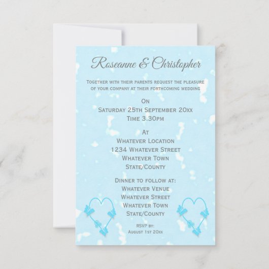 Huwelijksuitnodiging Blauw Hart en Vlinders Kaart (Achterkant)