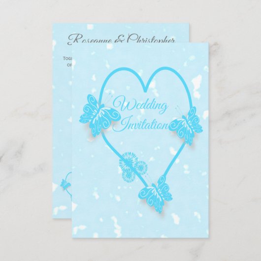 Huwelijksuitnodiging Blauw Hart en Vlinders Kaart (Voorkant / Achterkant)