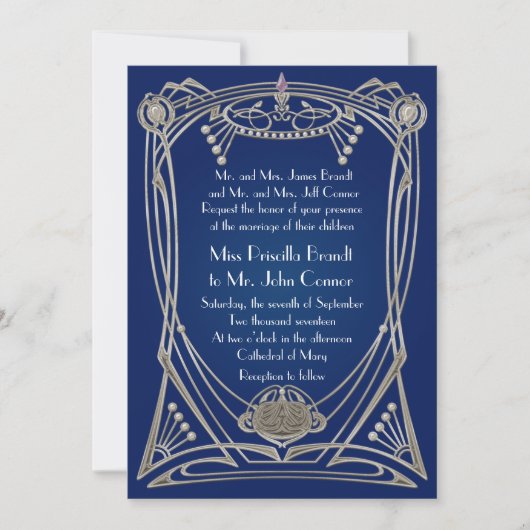 Huwelijksuitnodiging blauw-nacht & zilver kaart (Voorkant)