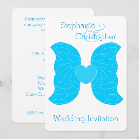 Huwelijksuitnodiging Blauwe Engel Vleugels Hart De Kaart (Voorkant / Achterkant)