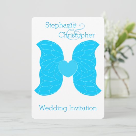 Huwelijksuitnodiging Blauwe Engel Vleugels Hart De Kaart (Staand voorkant)