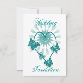 Huwelijksuitnodiging Blauwgroen hart en vlinders Kaart