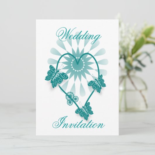 Huwelijksuitnodiging Blauwgroen hart en vlinders Kaart (Staand voorkant)
