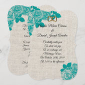 Huwelijksuitnodiging Blauwgroen rozen op linnen Kaart (Voorkant / Achterkant)