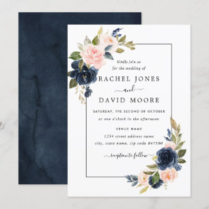 Huwelijksuitnodiging Blush Navy Bloem Bloesem Kaart