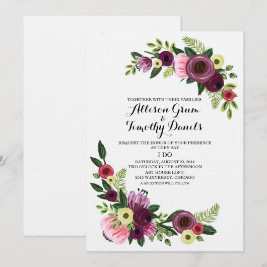 Huwelijksuitnodiging Bourgogne Handgeschilderde Bl Kaart (Voorkant / Achterkant)