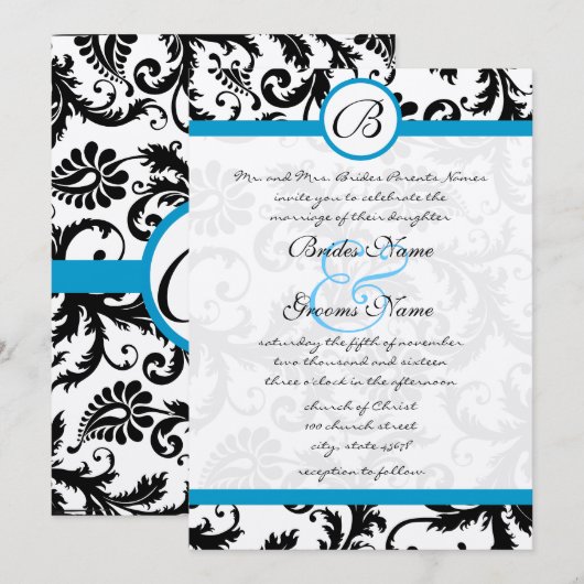 Huwelijksuitnodiging Bright Aqua Damask Swirls 13  Kaart (Voorkant / Achterkant)