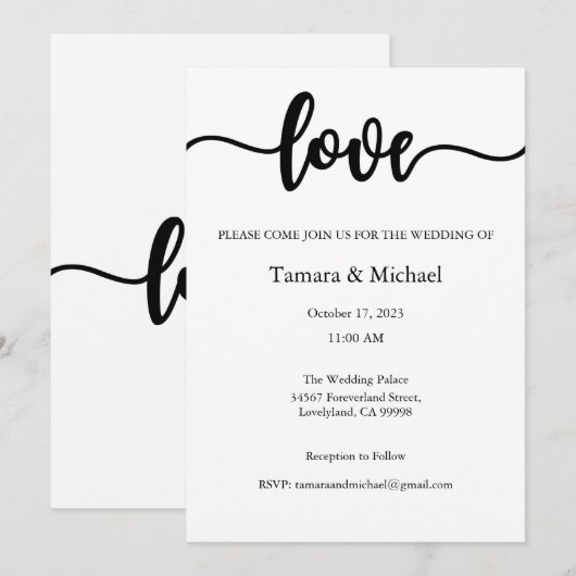 Huwelijksuitnodiging, Bruiloft Briefpapier, Liefde Kaart (Voorkant / Achterkant)