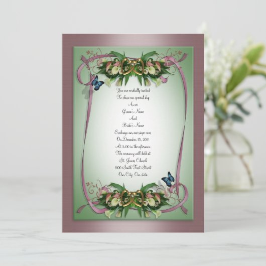 Huwelijksuitnodiging calla lelies Vlinders mauve, Kaart (Staand voorkant)