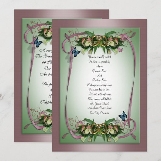 Huwelijksuitnodiging calla lelies Vlinders mauve, Kaart (Voorkant / Achterkant)