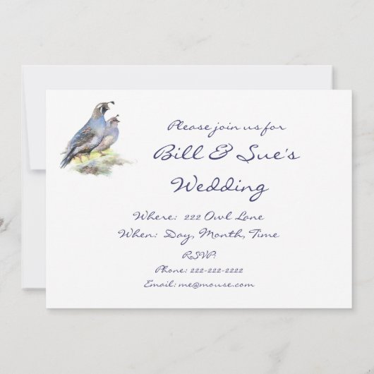 Huwelijksuitnodiging Custom California Quail Birds Kaart (Achterkant)