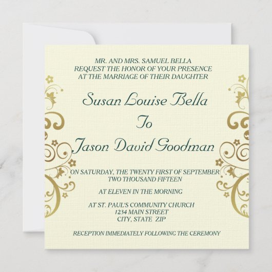 Huwelijksuitnodiging - Donkergroen & Gouden Wervel Kaart (Achterkant)