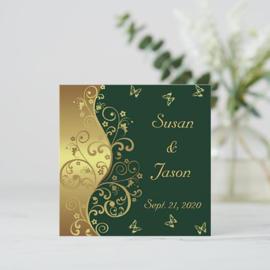 Huwelijksuitnodiging - Donkergroen & Gouden Wervel Kaart (Staand voorkant)