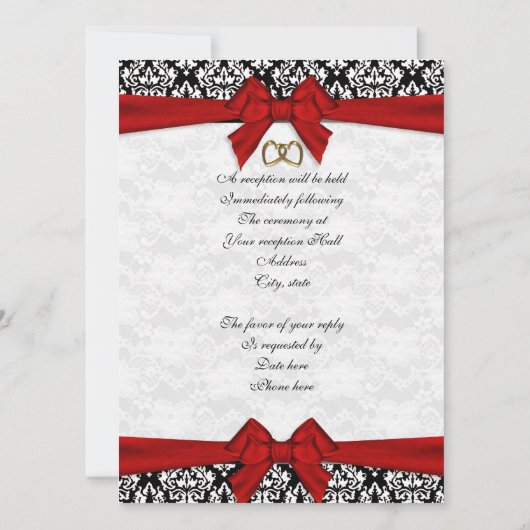 Huwelijksuitnodiging elegant Damask met rode boog Kaart (Achterkant)